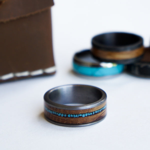 The Naturalist - Whiskey Barrel Tungsten Ring with Turquoise Inlay